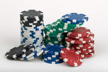 Playing Poker Chips laying on the table mixed together. Abstract Pattern Background