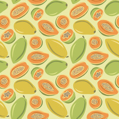 Seamless pattern of whole papaya and papaya half. Vector cartoon and sketch background. Hand-drawn style.