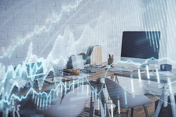 Multi exposure of stock market chart drawing and office interior background. Concept of financial analysis.