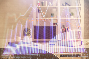 Double exposure of financial graph drawing and office interior background. Concept of stock market.