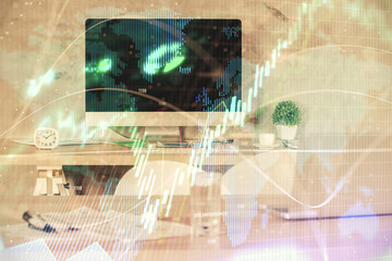 Multi exposure of financial graph drawing and office interior background. Concept of market analysis.