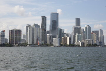 Miami skyline at sunset against the backdrop of bay water. Panorama of the city.