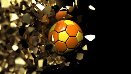 Orange-yellow Soccer ball crash a gold wall and wall was cracked under spot lighting background. 3D illustration. 3D high quality rendering.