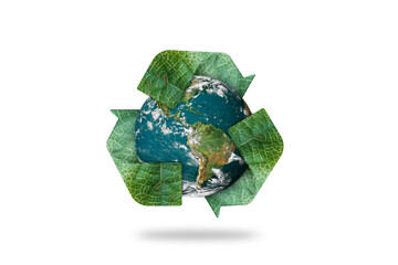 Environment concept. globes and recycle icon isolated on white background. Elements of this image furnished by NASA