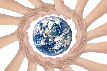 Hands surrounding around the Earth isolated on white. Element of the image furnished by NASA