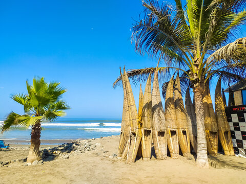 Traditional reed boats in the city of Huanchaco in Peru