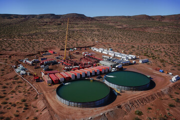 Vaca Muerta, Argentina, August 26, 2014: Extraction of unconventional oil. Battery of pumping...