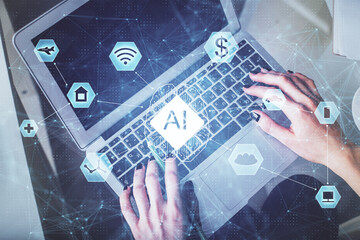 Double exposure of woman hands working on computer and data theme hologram drawing. Top View. Technology concept.