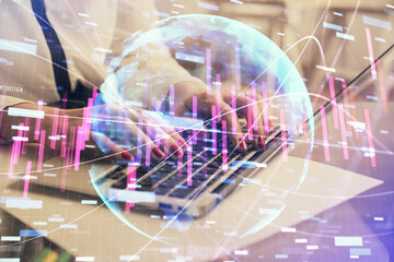 Multi exposure of woman hands typing on computer and financial graph hologram drawing. Stock market analysis concept.