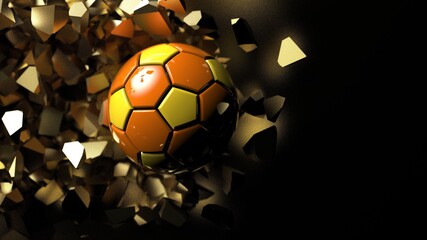 Fototapeta premium Orange-yellow Soccer ball crash a gold wall and wall was cracked under spot lighting background. 3D illustration. 3D high quality rendering.