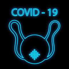 Bright glowing blue medical scientific digital neon sign for hospital laboratory pharmacy beautiful with covid 19 coronavirus pandemic respirator mask on black background. Vector illustration