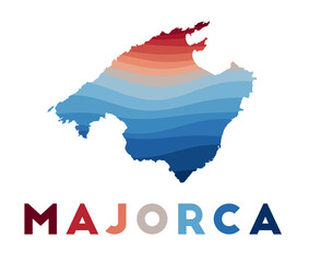 Obraz premium Majorca map. Map of the island with beautiful geometric waves in red and blue colors. Vivid Majorca shape. Vector illustration.