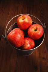 High angle shot of a glavanized pail full of fresh picked Gala apples on a dark wood rustic surface with warm side light.