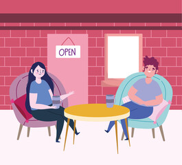 social distancing restaurant or a cafe, woman and man sitting with glass wine and coffee, covid 19 coronavirus, new normal life