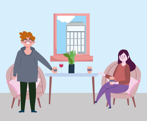 social distancing restaurant or a cafe, woman with coffee cup and man keep distance, covid 19 coronavirus, new normal life