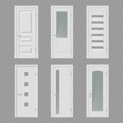 White interior door realistic mockups of vector room entrances and doorways with wooden frames, metal handles and glass panels. House, office, flat or hotel interior design objects