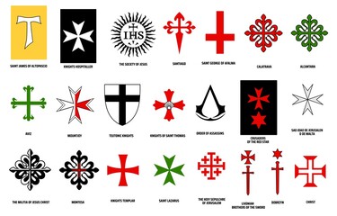Orders of chivalry vector design of military and religious orders of knights. Medieval knights heraldic emblems with crosses, fleur-de-lis, swords and shields, sun and stars, heraldry themes