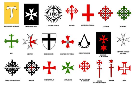 Orders of chivalry vector design of military and religious orders of knights. Medieval knights heraldic emblems with crosses, fleur-de-lis, swords and shields, sun and stars, heraldry themes