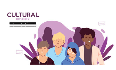 Men cartoons of cultural diversity with leaves vector design