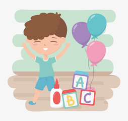 back to school, student boy glue blocks alphabet and balloons education cartoon