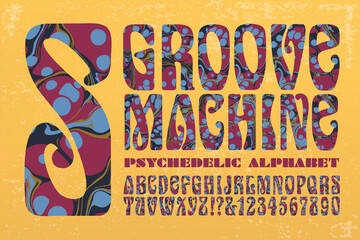 Groove Machine is a Psychedelic Alphabet with Swirly Ink Marbling Effects and a Vintage Grunge Background
