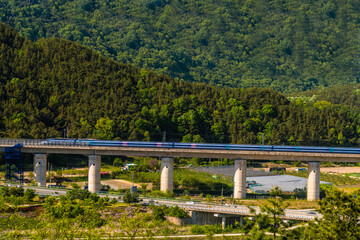 Fototapeta premium High speed train in rural countryside.