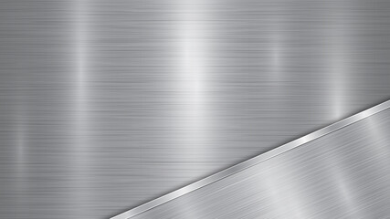 Background in silver and gray colors, consisting of a shiny metallic surface and one polished plate located in diagonal, with a metal texture, glares and burnished edge