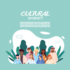 Women and men cartoons of cultural diversity with leaves vector design