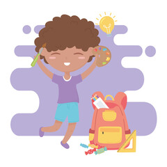 back to school, student boy backpack ruler pencils and color palette education cartoon