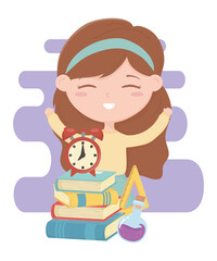 back to school, student girl with clock books and test tube education cartoon