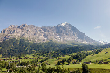Fototapeta na wymiar Green Swiss meadows and the North face of the Eiger mountain of the Bernese Alps, Grindelwald, Switzerland