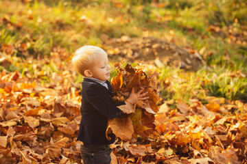 Boy child with yellow leaf in autumn park. Happy child throwing the fallen leaves up, playing in the autumn park. Happy child throws autumn leaves and laughs outdoors, yellow leaf.