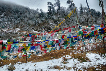 Prayer flags  in the snow, repeating mantra