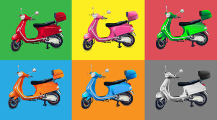 Red, orange, white, blue, pink, green scooter on colorful background. Vector illustration.