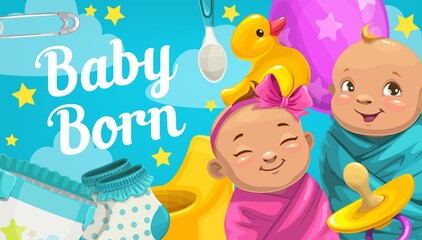 Naklejka premium Newborn baby boy and girl with kids accessories vector design. Baby shower greeting card with diaper, pacifier and spoon, swaddling clothes, potty, pin and socks, rubber duck and ballon