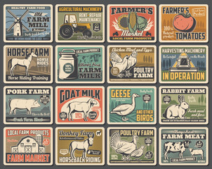 Agriculture and farming retro posters of vector animal, vegetable and milk farm design. Farm field, barn and tractor, cow, chicken, horse and pig, windmill, wheat, tomato and harvest crop plants
