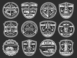 Nautical anchor, helm and rope isolated vector icons. Sea ship and ocean sail boat anchor, steering wheel, sailor rope and chain, captain, lighthouse, bell, cannon and squid heraldic badges design