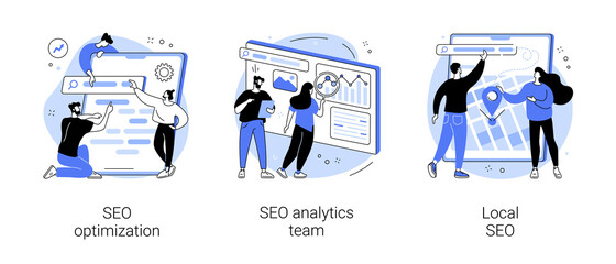 Website optimization abstract concept vector illustration set. SEO analytics team, local SEO, search engines page rank, keyword and link building, internet promotion, visibility abstract metaphor.