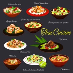 Thai cuisine seafood and meat dishes, vector food. Vegetable squid salad, chicken and miso soups, red curry paste, shrimp broth and pad thai, fish in coconut sauce, eggplant curry and ginger prawn