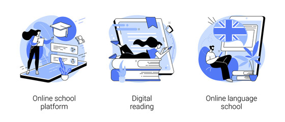 Online education abstract concept vector illustration set. Online school platform, digital reading, language school, homeschooling, education platform, recorded video classes abstract metaphor. © Visual Generation