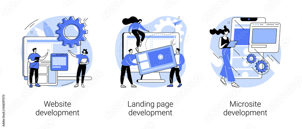 Aufkleber webpage programming abstract concept vector illustration set. website, landing page, microsite devel
