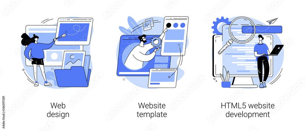Poster website building service abstract concept vector illustration set. web design, website template, htm