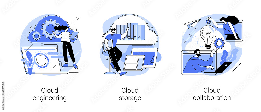 Poster cloud-based computing abstract concept vector illustration set. cloud engineering, storage and colla