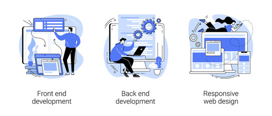 Web development agency abstract concept vector illustration set. Front and back end development, responsive web design, website interface, coding and programming, user experience abstract metaphor.
