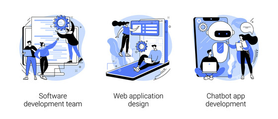 Professional programming abstract concept vector illustration set. Software development team, web application design, chatbot app, remote teamwork, outsource company, user interface abstract metaphor.