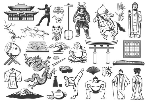 Japan Vector Icons With Food, Religion And Culture Symbols, Japanese Sushi And Fuji Mountain, Pagoda And Geisha, Bonsai, Origami, Fan And Samurai, Dragon, Kimono, Sake And Tea, Sakura, Buddha