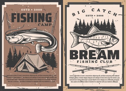 Fish and fisherman rods, vector fishing sport. Bream and catfish fisherman catch with fishing tackle, bait, spinning reel and lure, camp tent and forest trees retro posters, sport club, outdoor hobby
