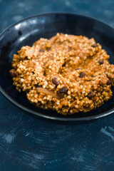 plant-based food, vegan buckwheat with beans in tomato sauce