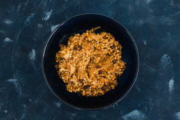 plant-based food, vegan buckwheat with beans in tomato sauce