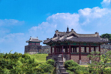 Fototapeta na wymiar North-East Pavilion and guntower, was completed on October 19, 1794. It performs two important functions as a command post and pavilion of Suwon Hwaseong Fortress , Kyeonggide, Korea